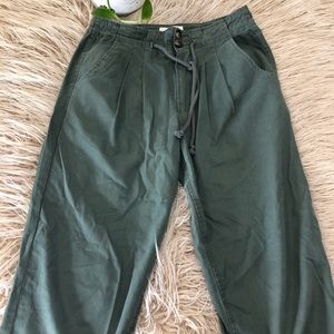 High Waisted Green Cargo Pants with Drawstring Tie